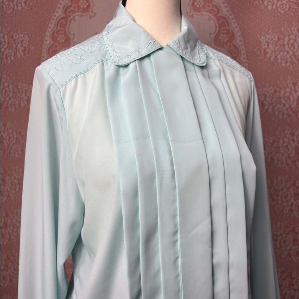 Vintage 70s Embroidered Mint Blouse – Prairie Cottagecore Top sz M